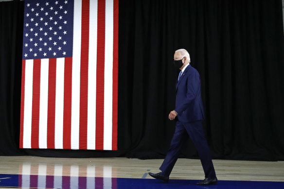 Democratic presidential candidate Joe Biden arrives to speak at Wilmington, Delaware, on Tuesday, before pleading with US President Donald Trump to wear a mask.