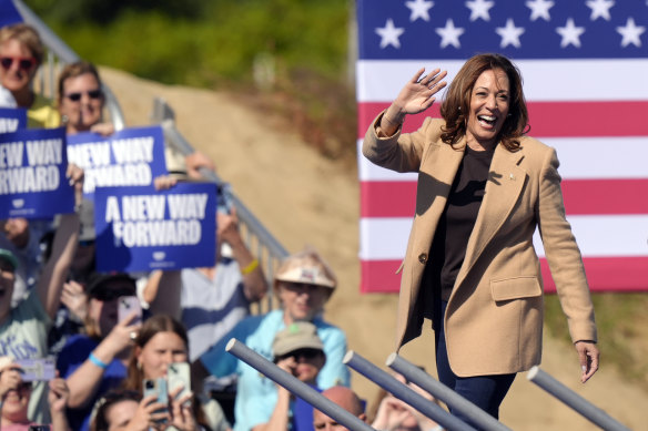 Democratic presidential nominee Kamala Harris on stage during a campaign stop, in North Hampton, New Hampshire.
