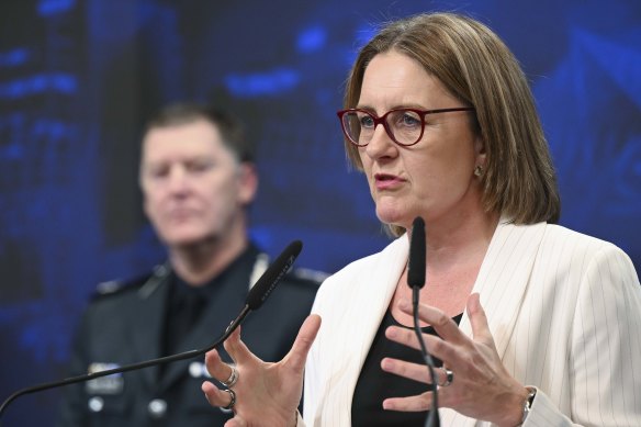 Premier Jacinta Allan with Shane Patton at a media conference after the arson attack on the Adass Israel Synagogue in December.