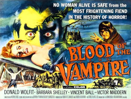 Poster for Blood Of The Vampire with woman on table Barbara Shelley, 1958.