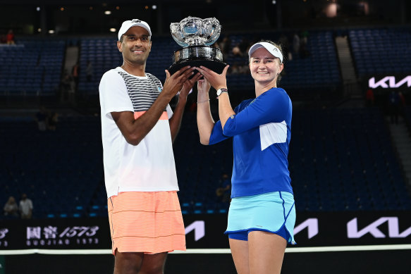 Mixed doubles champions Rajeev Ram and Barbora Krejcikova.