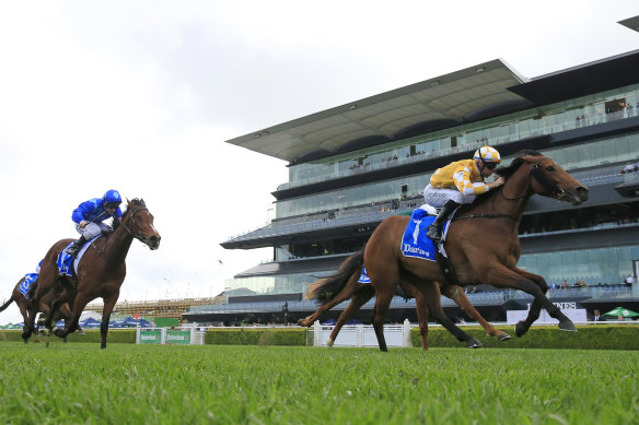 Dame Giselle storms to victory in the Tea Rose Stakes during the spring.