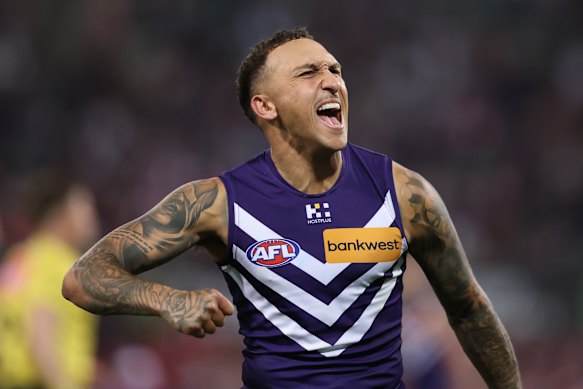 Shai Bolton of the Dockers celebrates a goal.