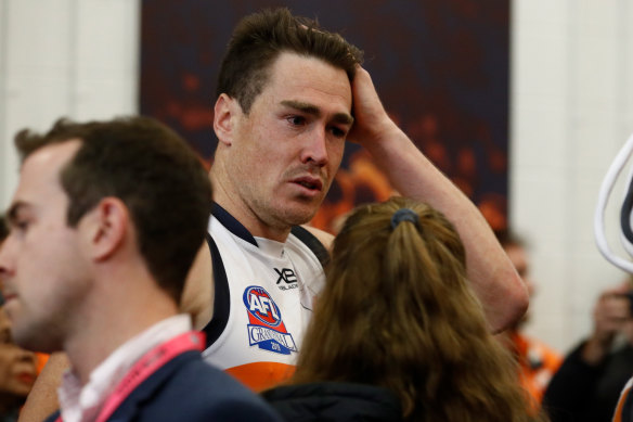 An emotional Jeremy Cameron after the 2019 AFL grand final with the Giants.