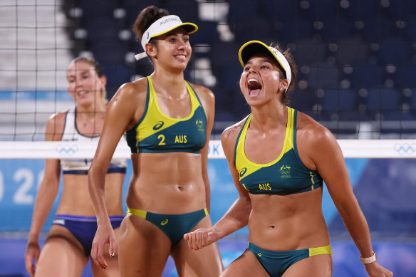 Mariafe Artacho del Solar #1 and Taliqua Clancy #2 of Team Australia react after defeating Team Italy.