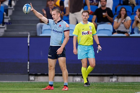 Max Jorgensen of the Waratahs celebrates a try