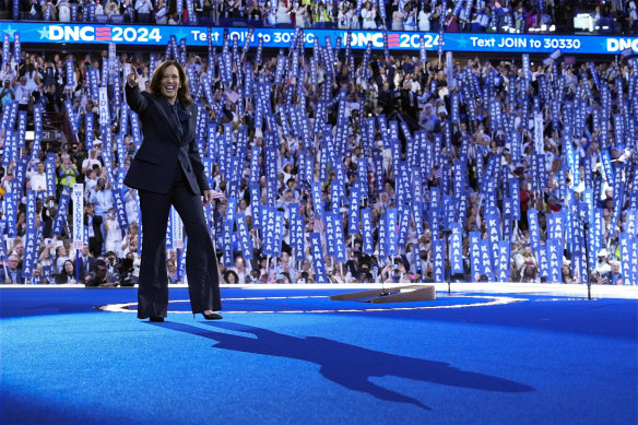 US Vice President Kamala Harris arrives to speak on the final day of the Democratic National Convention. 