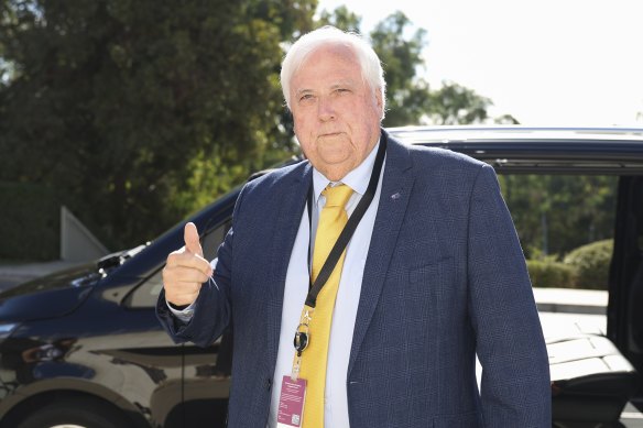 Clive Palmer, Trumpet of Patriots chairman, arrives at Parliament House on budget day.