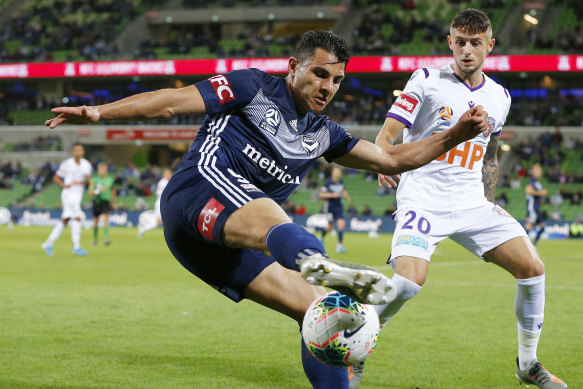 Andrew Nabbout, left, in action during round eight against Perth.