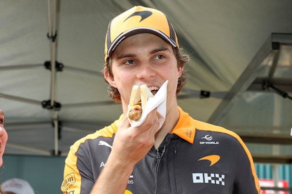 Piastri is eating sausages in a Bunnings promotion this week. 