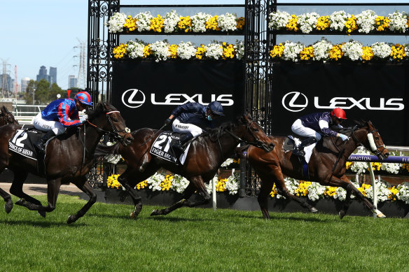 Twilight Payment, ridden by Jye McNeil, wins the Melbourne Cup.