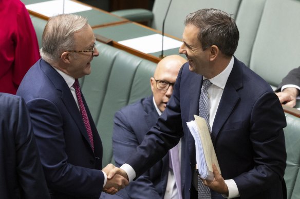 Prime Minister Anthony Albanese and Treasurer Jim Chalmers in the House of Representatives this morning.