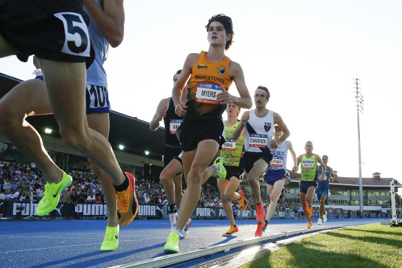 Cameron Myers on his way to his world record mile time.