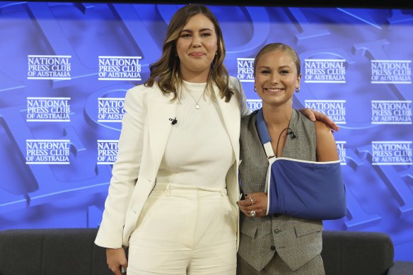 Brittany Higgins and Grace Tame at the National Press Club last month.