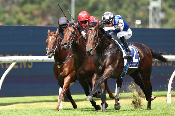 Brave Mead (right) scores his fifth win in 12 starts.