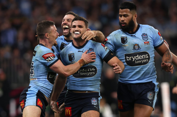 Nathan Cleary celebrates one of his two rapid-fire tries in as many minutes.