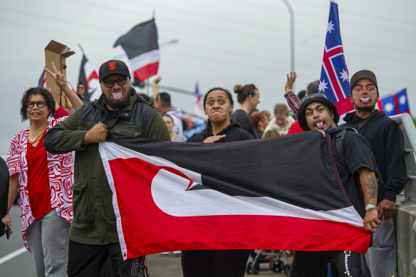 Protesters hold the Maori flag in Auckland this week.