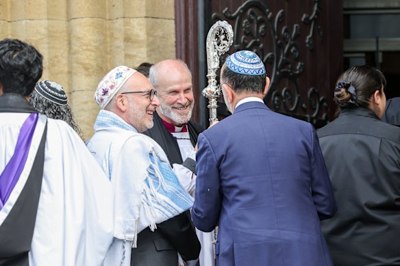 Cantor Michel Laloum (left), Anglican Archbishop of Melbourne Ric Thorpe and Rabbi Ralph Genende.