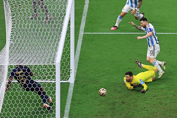 Lionel Messi scores Argentina’s third goal in the 2022 World Cup final.