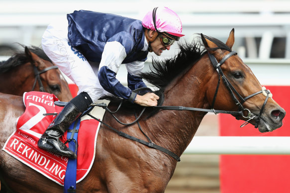 Corey Brown wins the 2017 Melbourne Cup on Irish horse Rekindled.