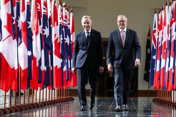 Carney and Albanese left the House of Representatives after the Canadian prime minister addressed a joint session of parliament.