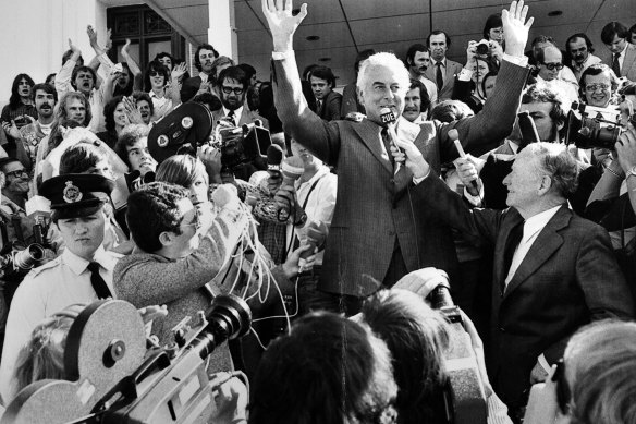 Gough Whitlam on the steps of Parliament after his dismissal in 1975.