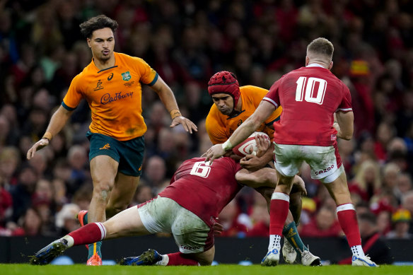 Langi Gleeson on the charge for the Wallabies against Wales.