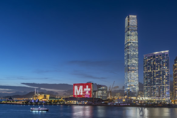The landmark Hong Kong Palace Museum, Museum M+ and International Commerce Centre skyscraper in West Kowloon.