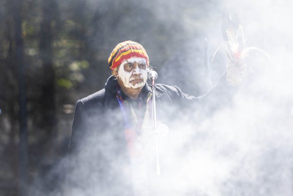 Gary Murray speaks during a healing ceremony at Birrarung Marr in October 2022.