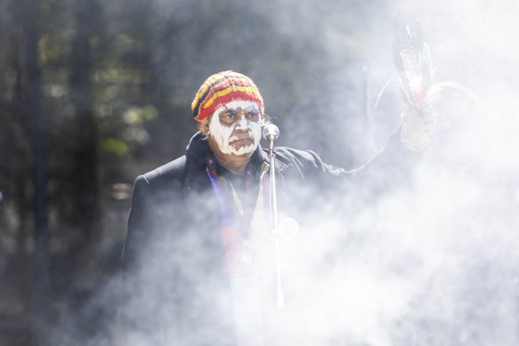 Uncle Gary Murray speaks during a healing ceremony at Birrarung Marr in October 2022.