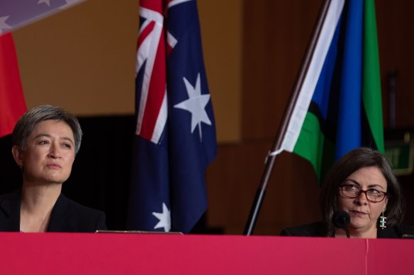 Penny Wong (left), at the ALP national conference on Tuesday, said an Albanese Labor government would build a fairer society, a stronger nation and a better world.