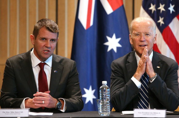 Mike Baird, pictured with Joe Biden in 2016, has moved in the highest political, diplomatic and business circles.