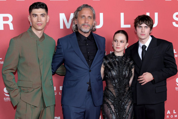 Archie Renaux (left), director Fede Álvarez, Cailee Spaeny and Spike Fearn at the London gala screening of Alien: Romulus.