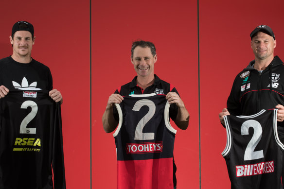 Jake Carlisle, Aaron Hamill and Tony Brown with their No. 2 jumpers.