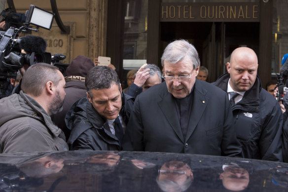 Australian cardinal George Pell leaves the Quirinale hotel after meeting members of the Australian group of relatives and victims of priestly sex abuses in Rome in 2016.