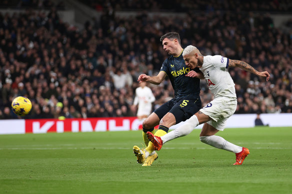 Two-goal hero Richarlison takes aim at the Newcastle goal.