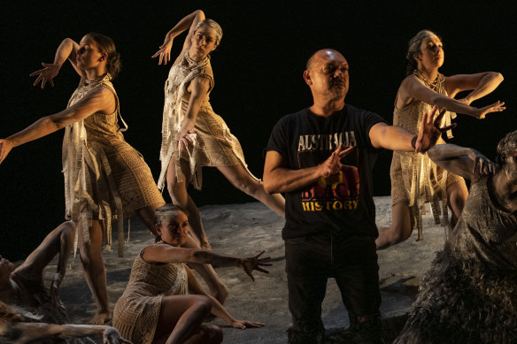 Bangarra’s artistic director Stephen Page with performers of Wudjang. 