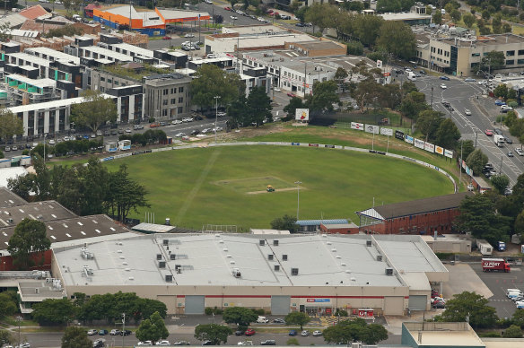North Port Oval seen from above with the contentious site in the foreground.
