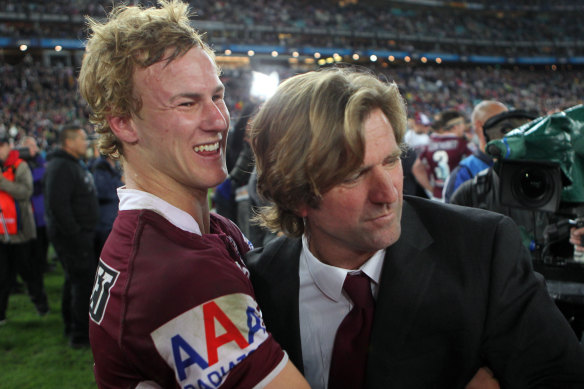 Daly Cherry-Evans and Des Hasler celebrate Manly’s 2011 title.