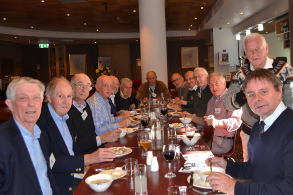 The 481 Boys sit down for lunch with guest Tony Wright, right, more than 60 years on. David Jensz, Bill Cook and Trevor Steer are first, second and third from left; John Murtagh is sixth from left and Don Edgar is fifth from right.