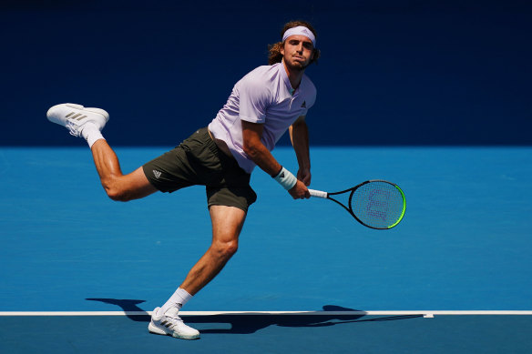 Stefanos Tsitsipas practices at Melbourne Park on Saturday ahead of the Australian Open.