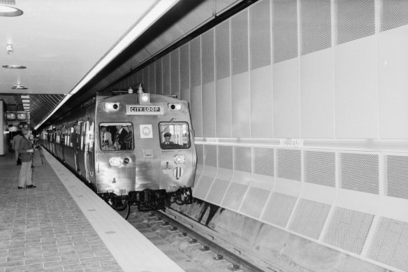 The first train to pass through the new Museum (now known as Melbourne Central) train station in 1981.