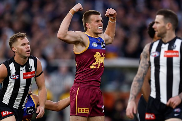 The Lions’ Ty Gallop celebrates a goal during the preliminary final between Collingwood and the Lions at the MCG.