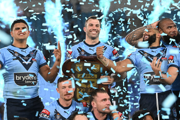 James Tedesco with the Origin trophy on Wednesday night.
