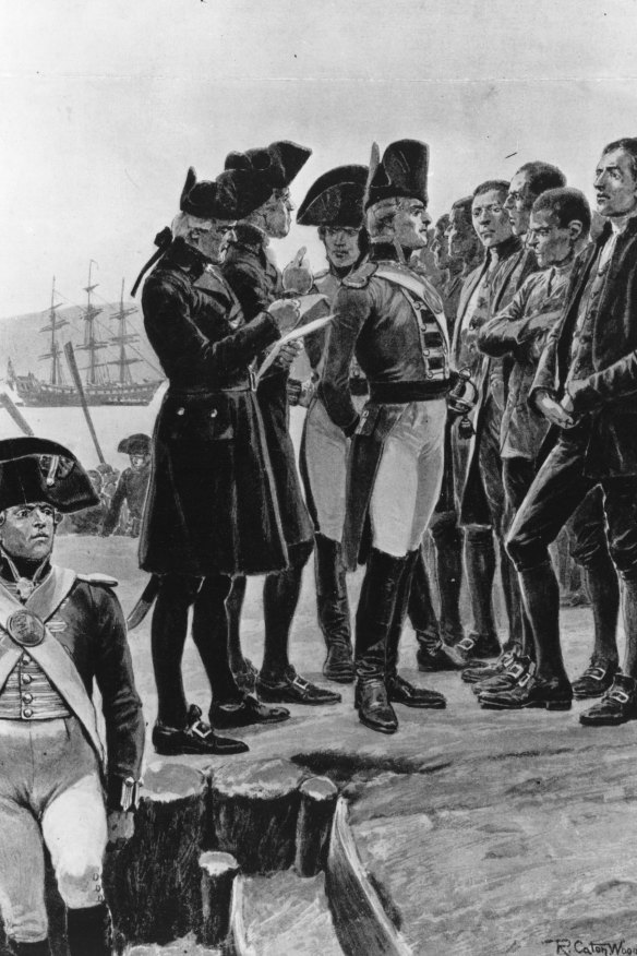 Arthur Phillip, who was a Londoner, inspects convicts from a variety of places in the British Isles, at Sydney Cove in 1788. The mix of dialects would be striking to the modern ear.