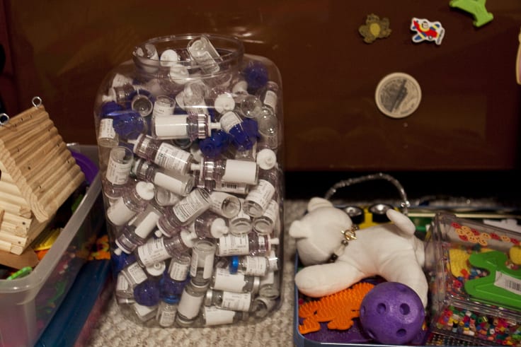 A collection of empty bottles of haemophilia medication at a home in Falmouth, Maine. 