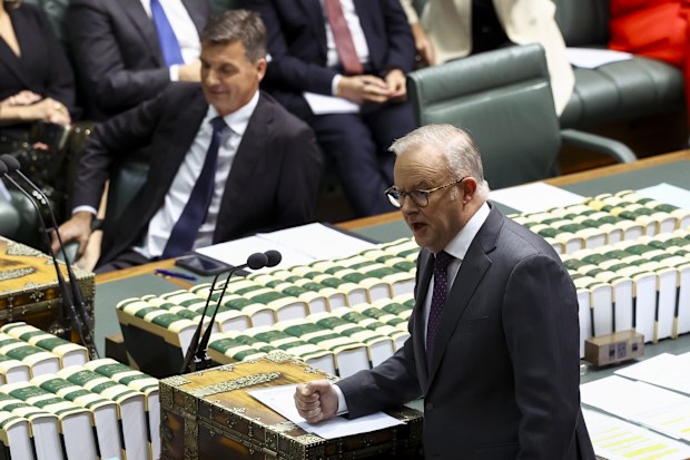Leader of the Opposition Angus Taylor and Prime Minister Anthony Albanese during Question Time in the House of Representatives at Parliament House in Canberra on May 14, 2026.  