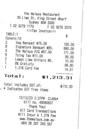 A bill from The Malaya Restaurant showing the 8 per cent gratuity added to group bookings.