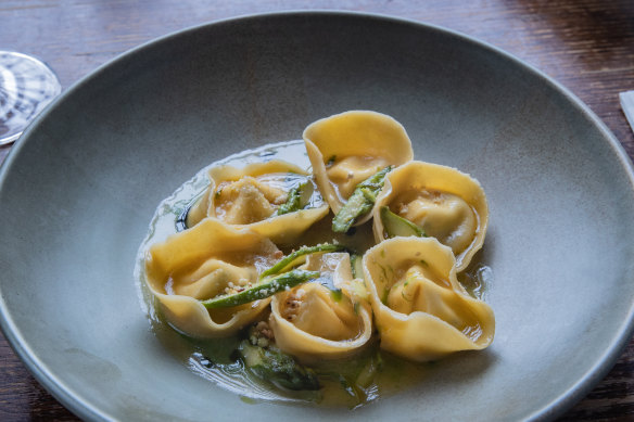 Tortelli filled with goat’s cheese and adorned with asparagus and wild garlic sings of the fragility of seasons, food, life.