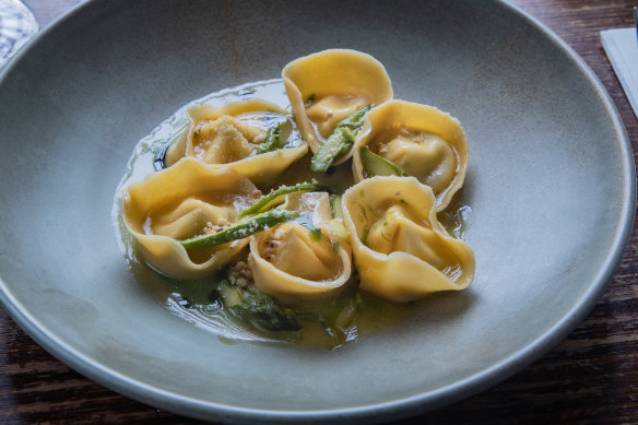 Tortelli filled with asparagus, goat’s cheese and wild garlic.